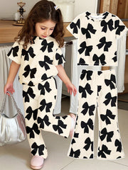 2pcs Little Girls Bow Print Tee & Flare Pants Set - Ecru | 21 Centu...