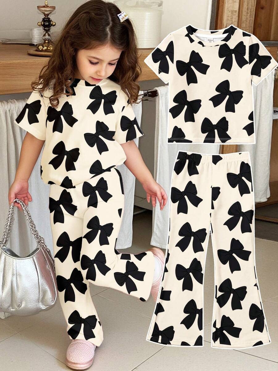 2pcs Little Girls Bow Print Tee & Flare Pants Set - Ecru | 21 Centu...