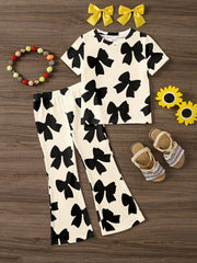 2pcs Little Girls Bow Print Tee & Flare Pants Set - Ecru | 21 Centu...