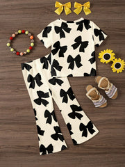 2pcs Little Girls Bow Print Tee & Flare Pants Set - Ecru | 21 Centu...