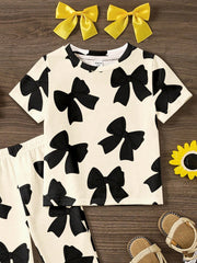 2pcs Little Girls Bow Print Tee & Flare Pants Set - Ecru | 21 Centu...