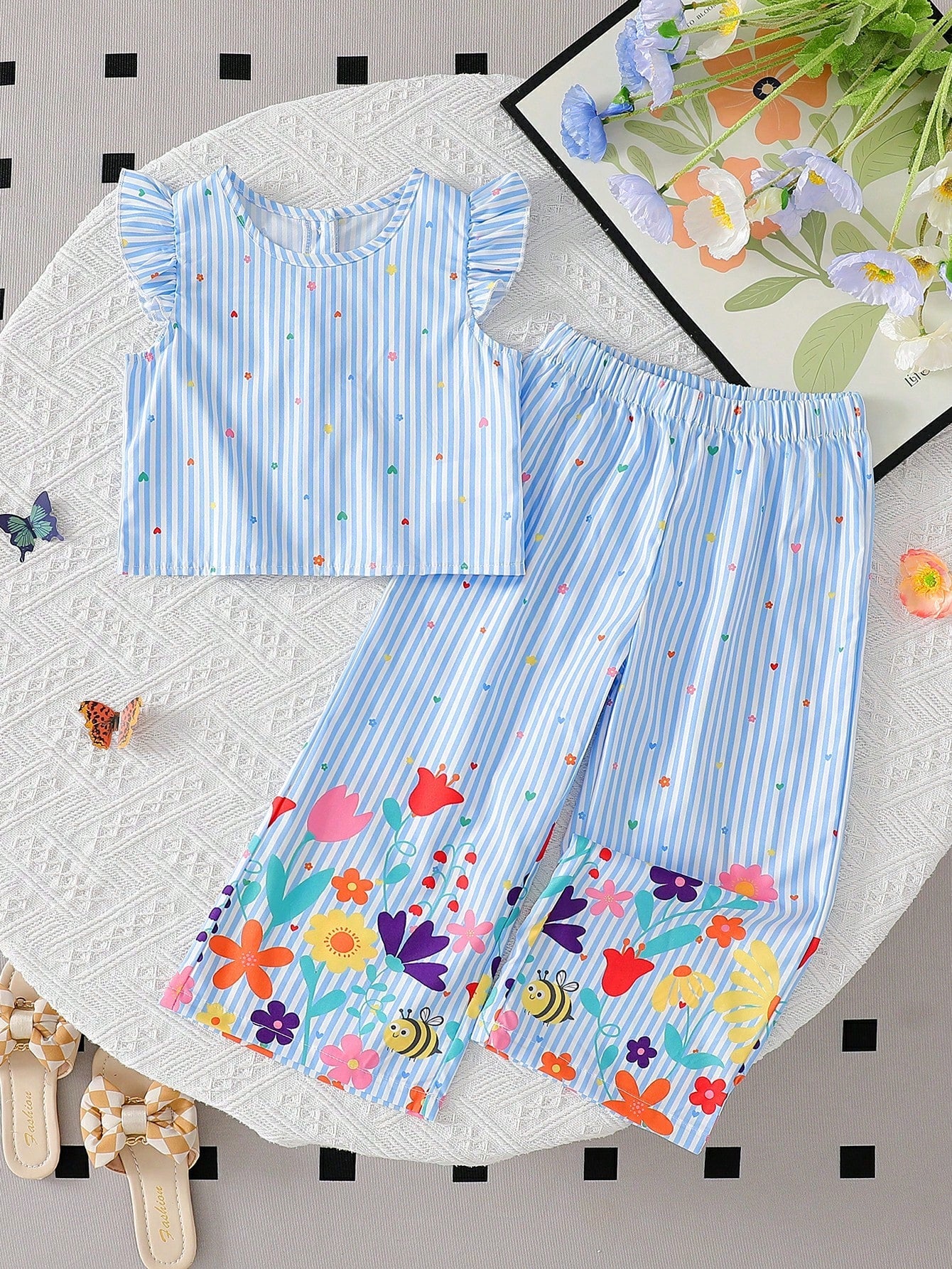 2pcs Girls Striped Flutter Sleeve Top & Wide-Leg Pants Set - Periwi...
