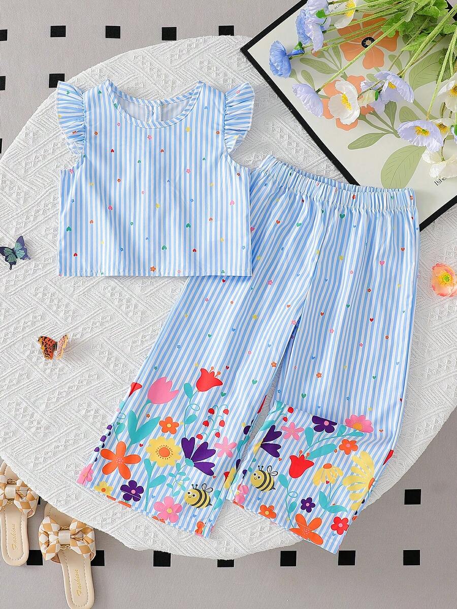 2pcs Girls Striped Flutter Sleeve Top & Wide-Leg Pants Set - Periwi...