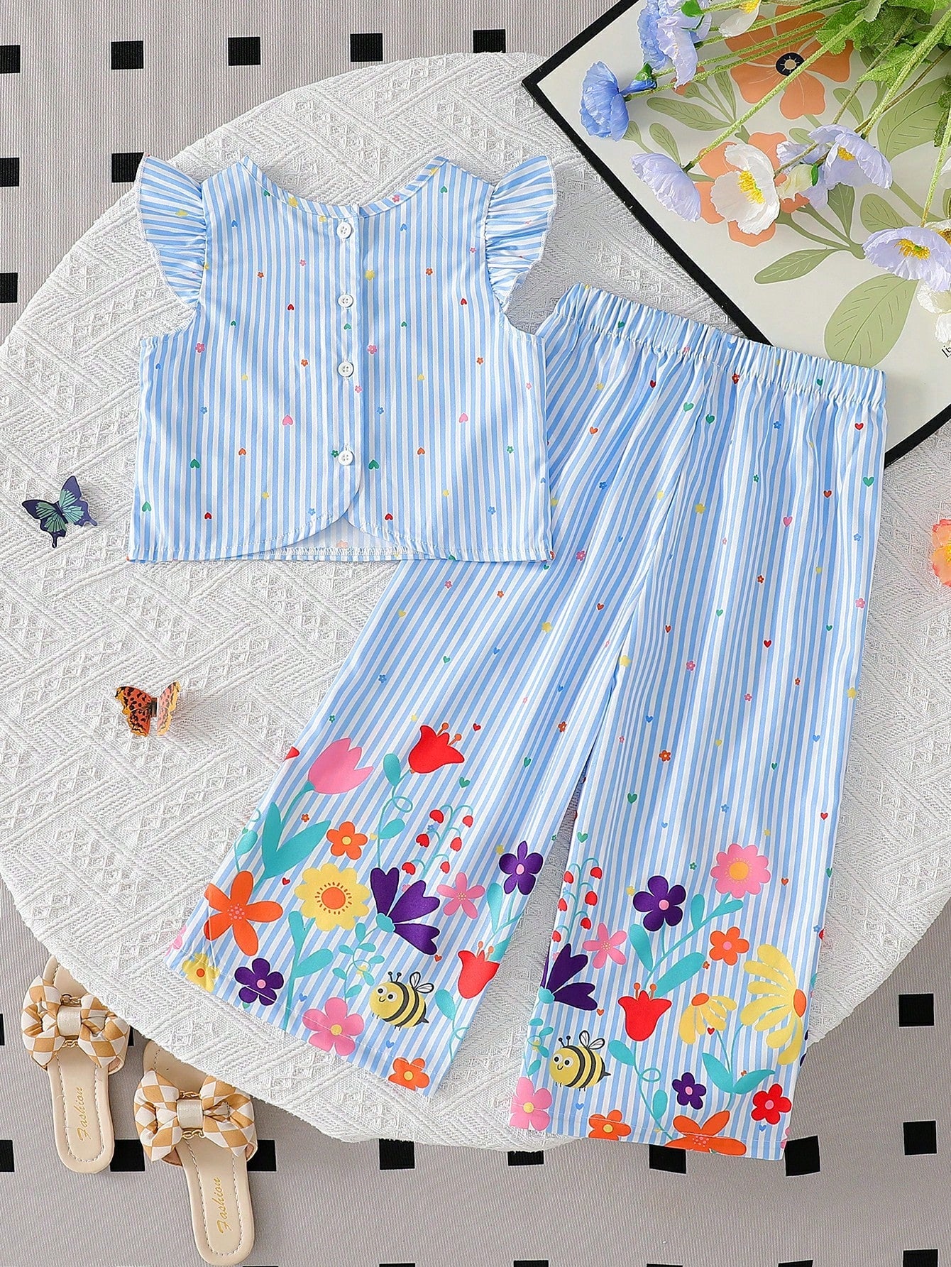 2pcs Girls Striped Flutter Sleeve Top & Wide-Leg Pants Set - Periwi...