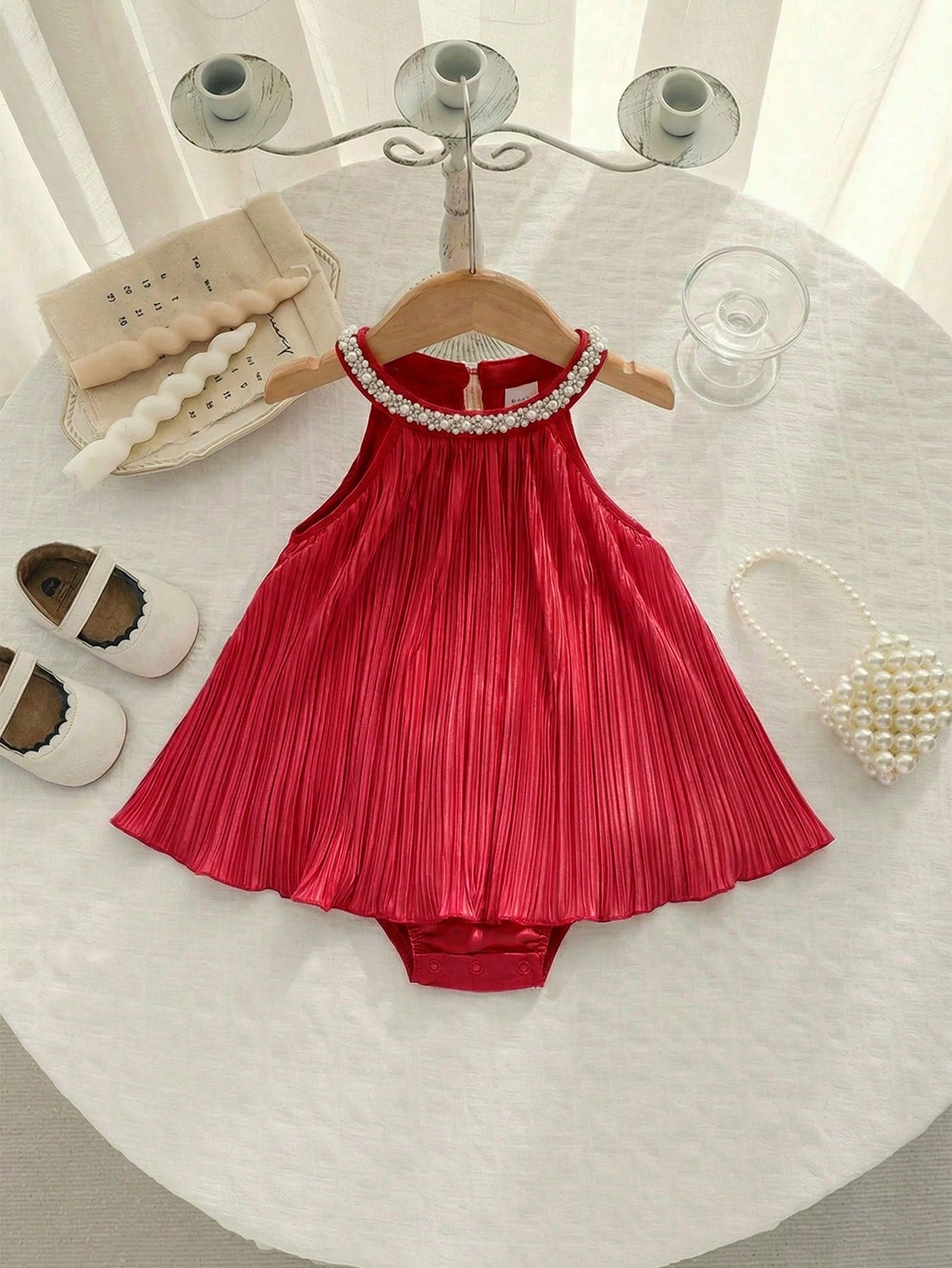 Baby Girls Pearl Collar Pleated Satin Romper - Scarlet