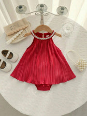 Baby Girls Pearl Collar Pleated Satin Romper - Scarlet