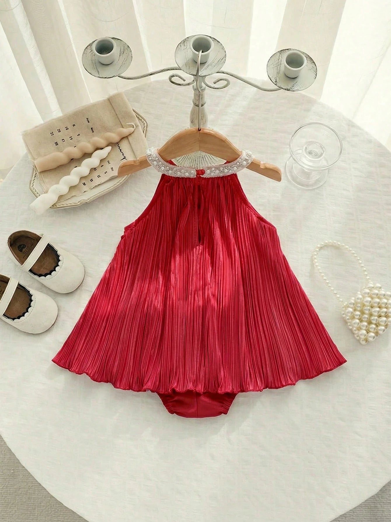 Baby Girls Pearl Collar Pleated Satin Romper - Scarlet
