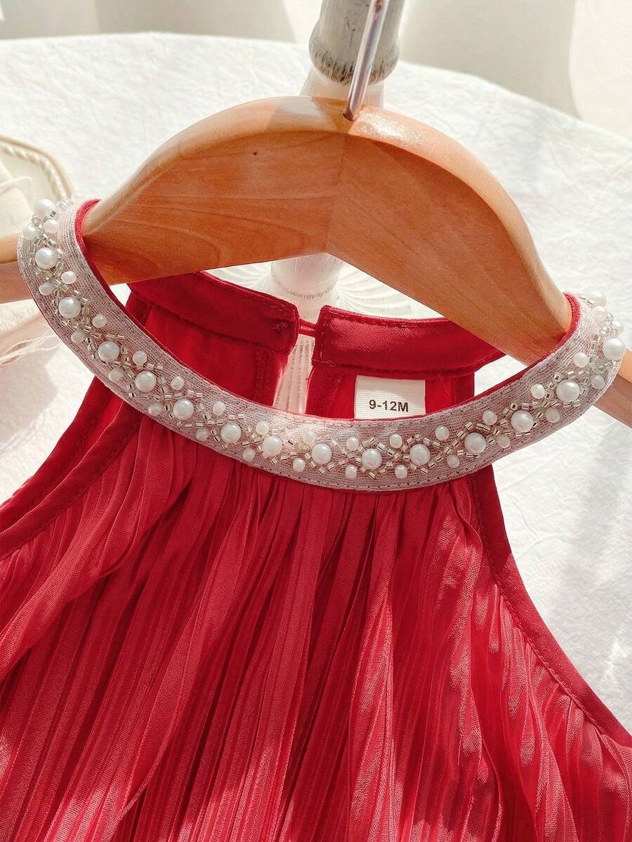 Baby Girls Pearl Collar Pleated Satin Romper - Scarlet
