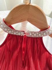 Baby Girls Pearl Collar Pleated Satin Romper - Scarlet