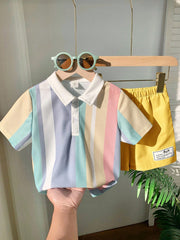 2pcs Boys Pastel Stripe Knit Polo & Shorts Set - Prismatic