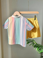 2pcs Boys Pastel Stripe Knit Polo & Shorts Set - Prismatic