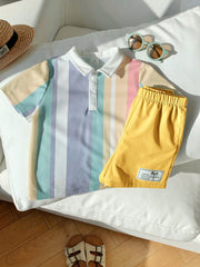 2pcs Boys Pastel Stripe Knit Polo & Shorts Set - Prismatic