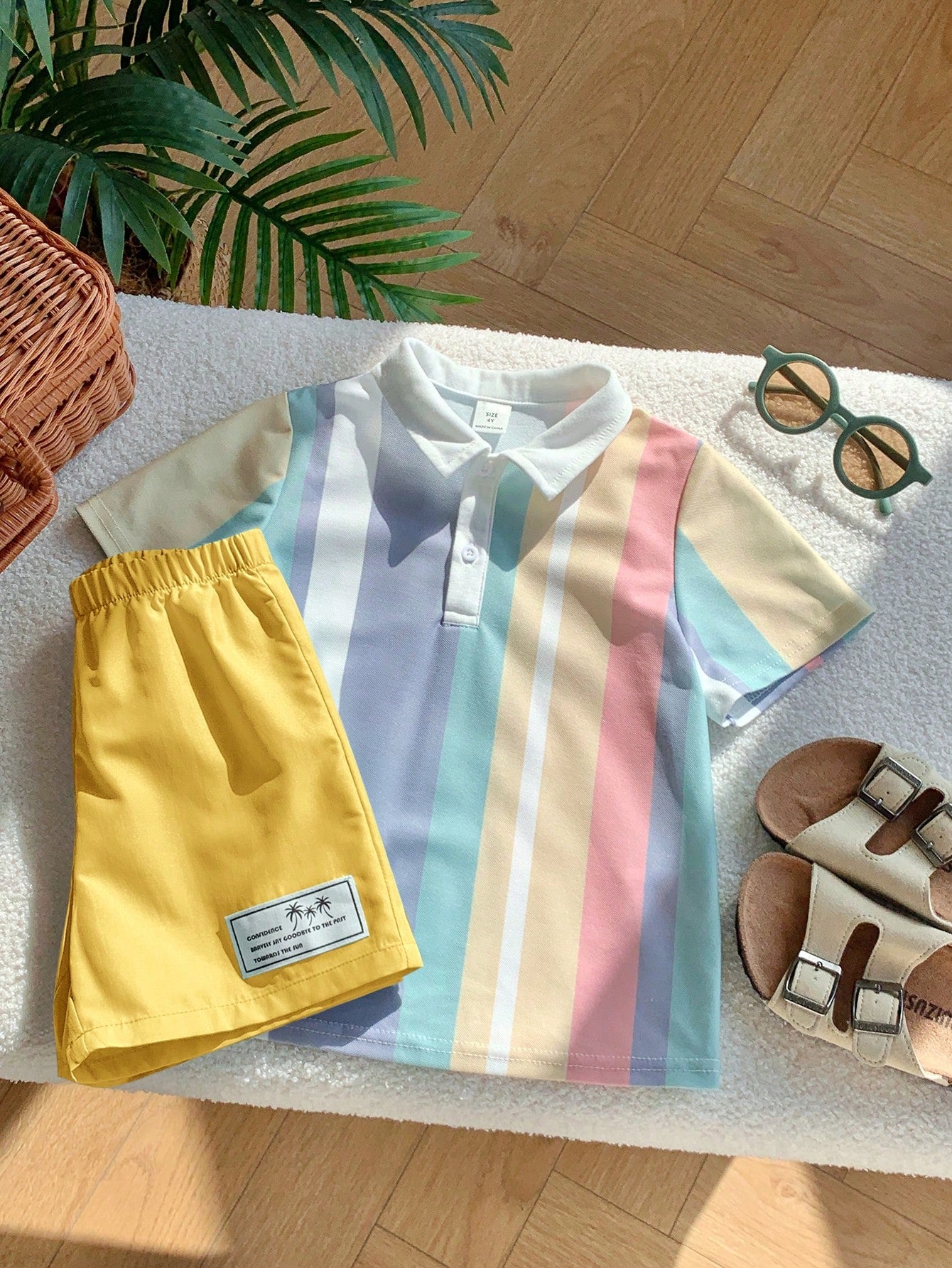 2pcs Boys Pastel Stripe Knit Polo & Shorts Set - Prismatic
