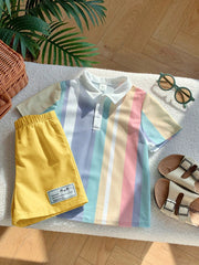 2pcs Boys Pastel Stripe Knit Polo & Shorts Set - Prismatic