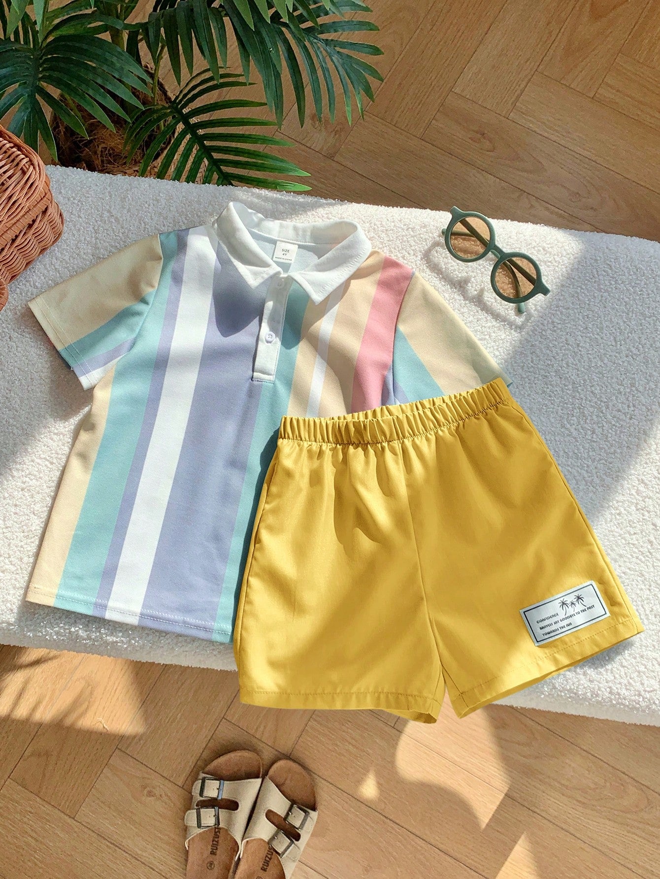 2pcs Boys Pastel Stripe Knit Polo & Shorts Set - Prismatic