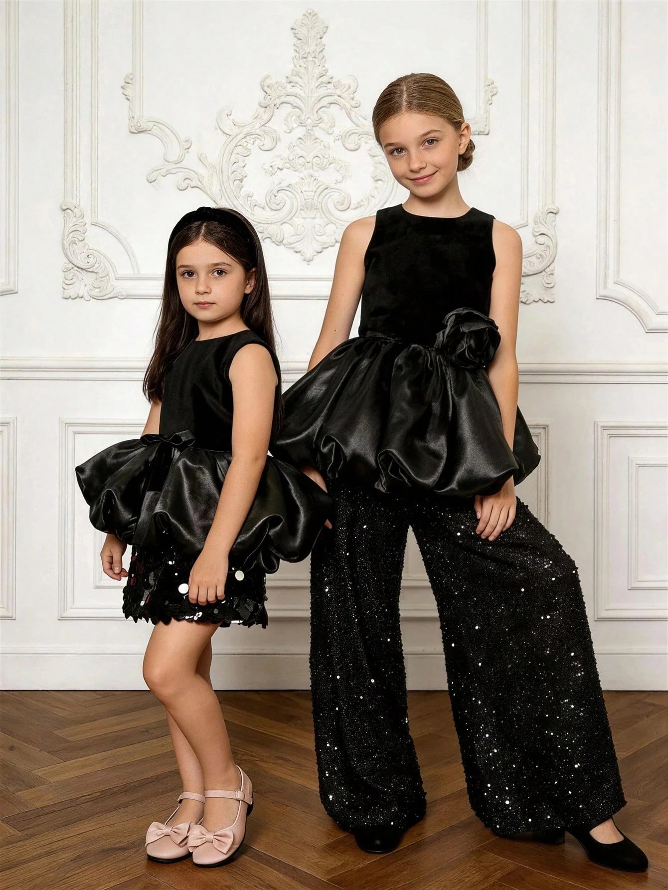 2pcs Big Girls Velvet Peplum Top & Sequin Wide-Leg Pants Set - Onyx...