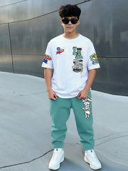 2pcs Big Boys Y2K Graffiti Print Tee & Pants Set - Ivory