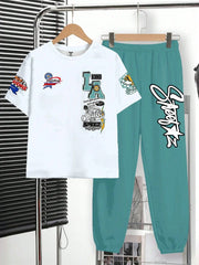 2pcs Big Boys Y2K Graffiti Print Tee & Pants Set - Ivory
