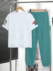 2pcs Big Boys Y2K Graffiti Print Tee & Pants Set - Ivory