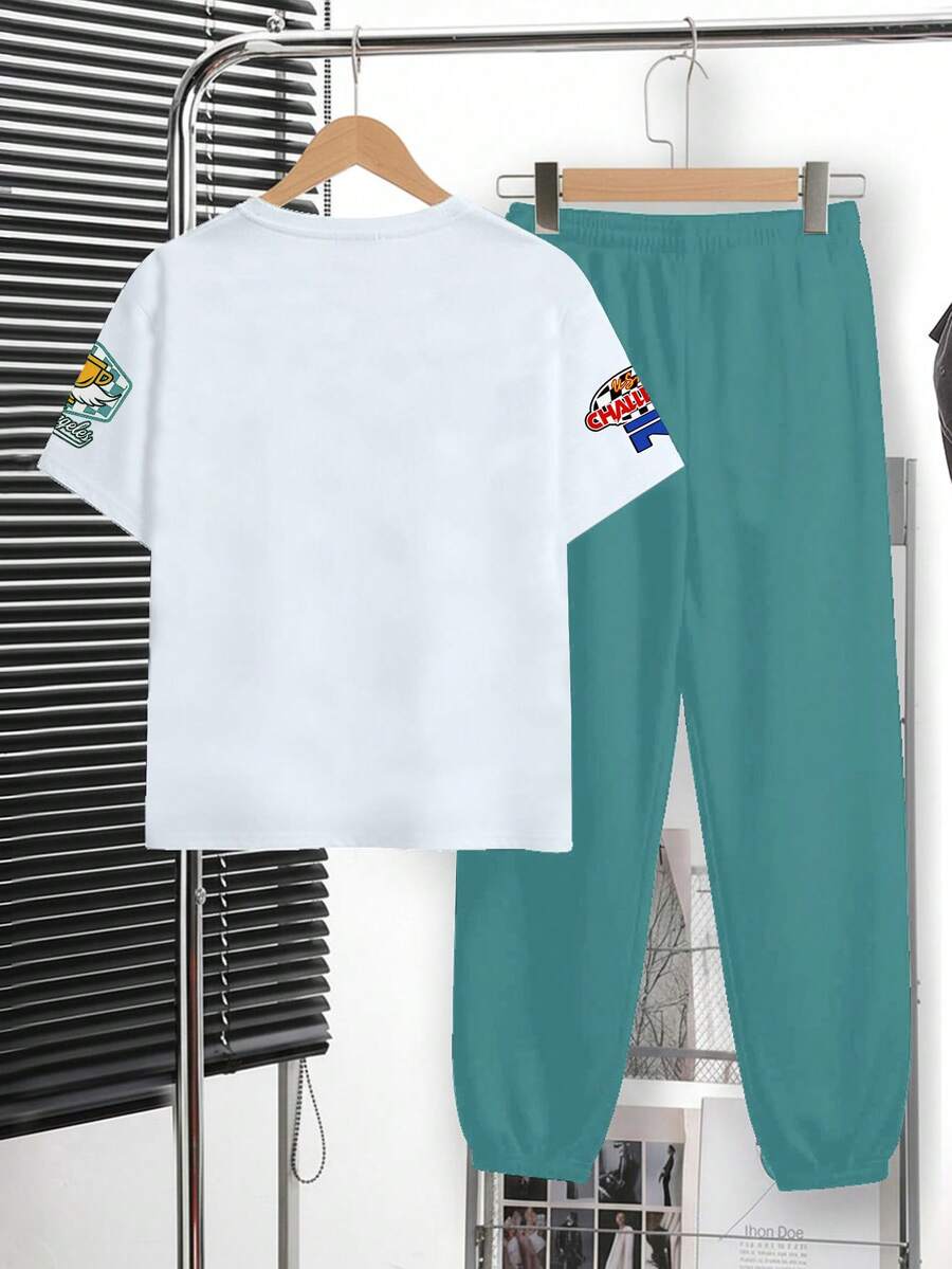 2pcs Big Boys Y2K Graffiti Print Tee & Pants Set - Ivory