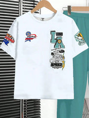 2pcs Big Boys Y2K Graffiti Print Tee & Pants Set - Ivory