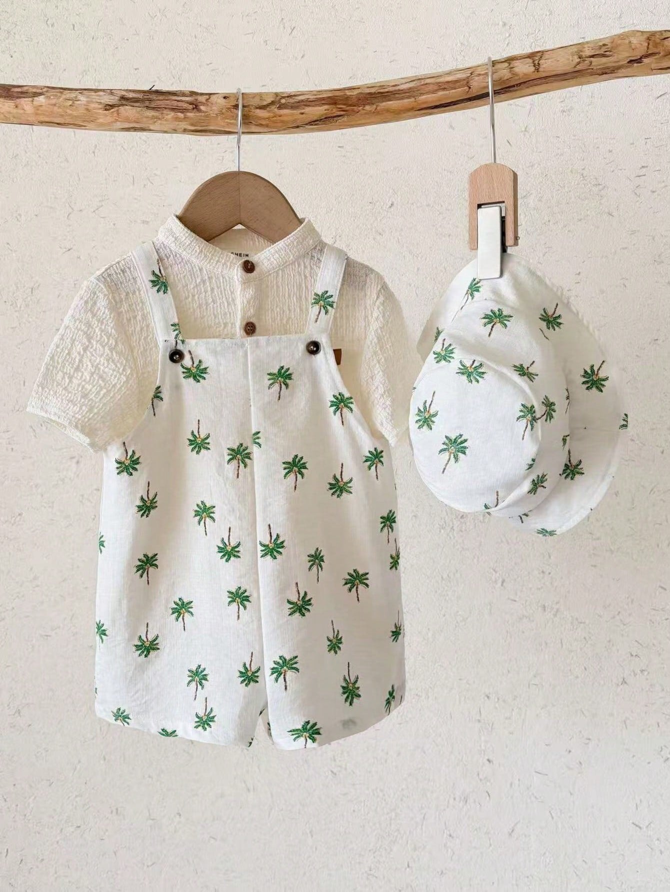 2pcs Boys Palm Print Dungaree Shorts & Bucket Hat - Ivory | 21 Cent...