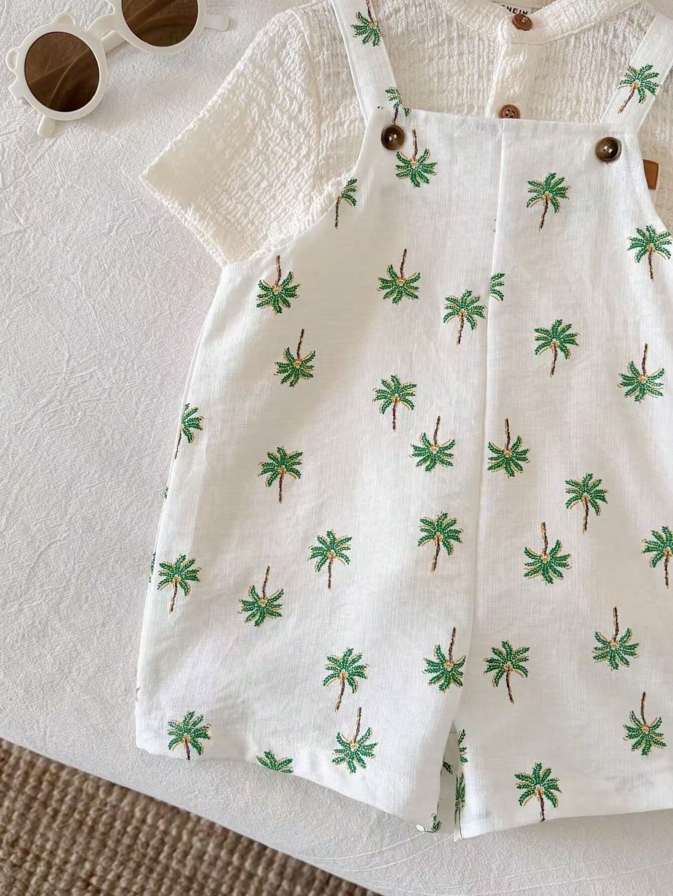 2pcs Boys Palm Print Dungaree Shorts & Bucket Hat - Ivory | 21 Cent...