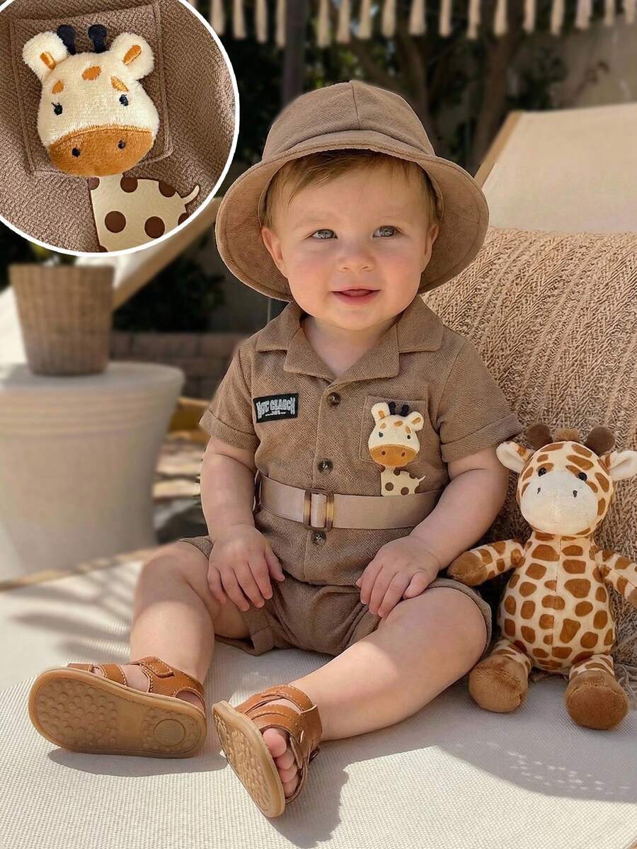 2pcs Unisex Safari Romper & Bucket Hat Set - Latte | 21 Century Kids