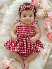 Girls Cherry Gingham Smocked Spaghetti Strap Romper - Scarlet | 21 ...