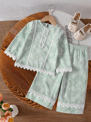 2pcs Girls Damask Print Lace-Trim Top & Wide-Leg Pants - Sage | 21 ...