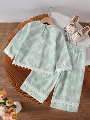 2pcs Girls Damask Print Lace-Trim Top & Wide-Leg Pants - Sage | 21 ...