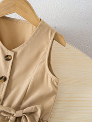 Little Girls Bow-Detail Button-Front Wide-Leg Jumpsuit - Griege