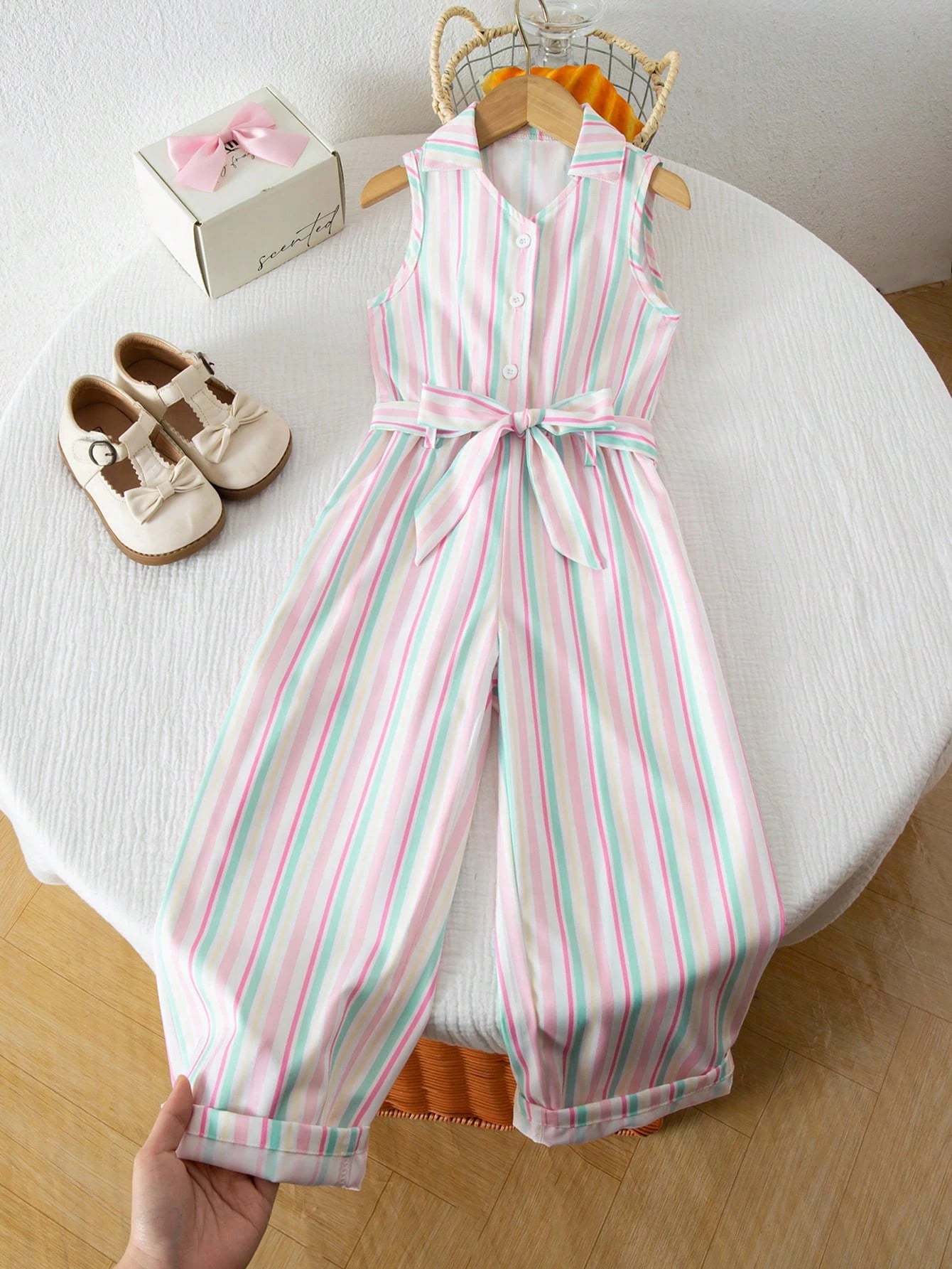 Girls Belted Denim-Look Jumpsuit - Ivory