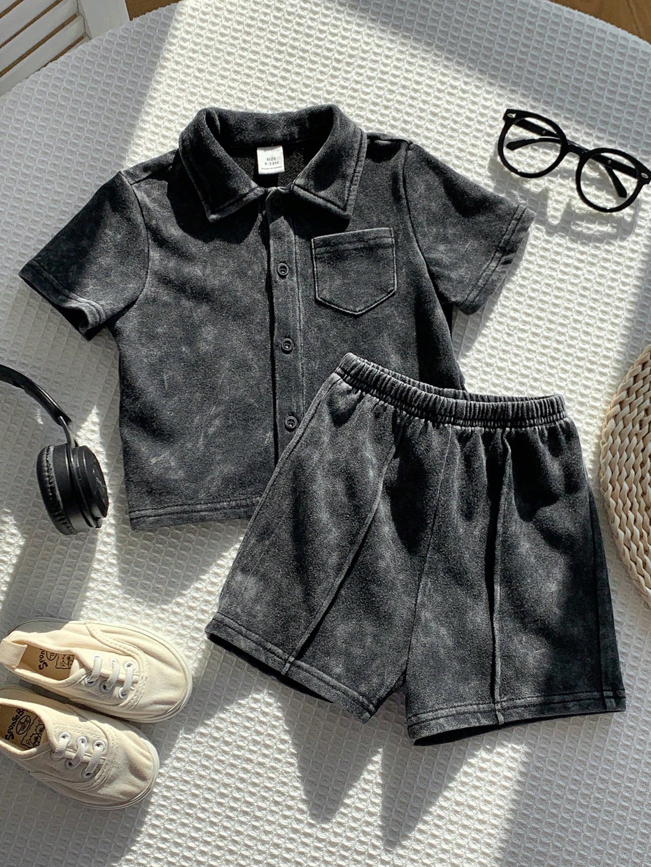 2pcs Boys Washed Collar Shirt & Shorts Set - Graphite