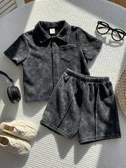 2pcs Boys Washed Collar Shirt & Shorts Set - Graphite