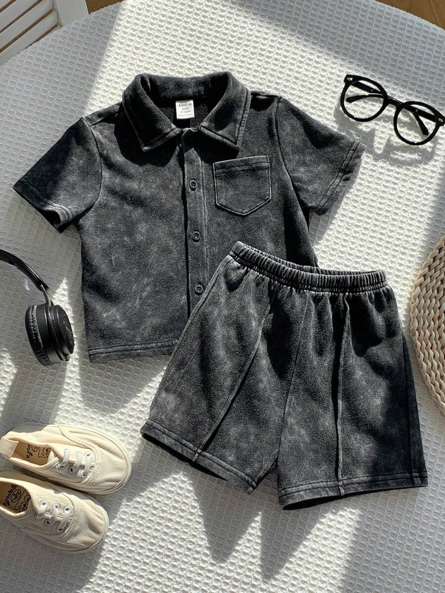 2pcs Boys Washed Collar Shirt & Shorts Set - Graphite