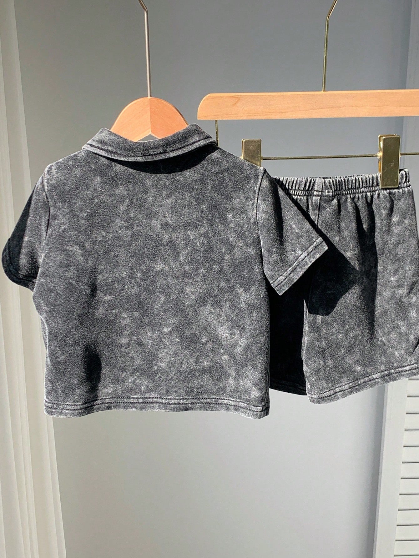 2pcs Boys Washed Collar Shirt & Shorts Set - Graphite