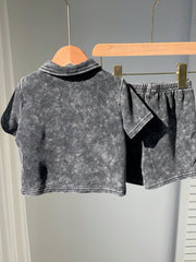 2pcs Boys Washed Collar Shirt & Shorts Set - Graphite