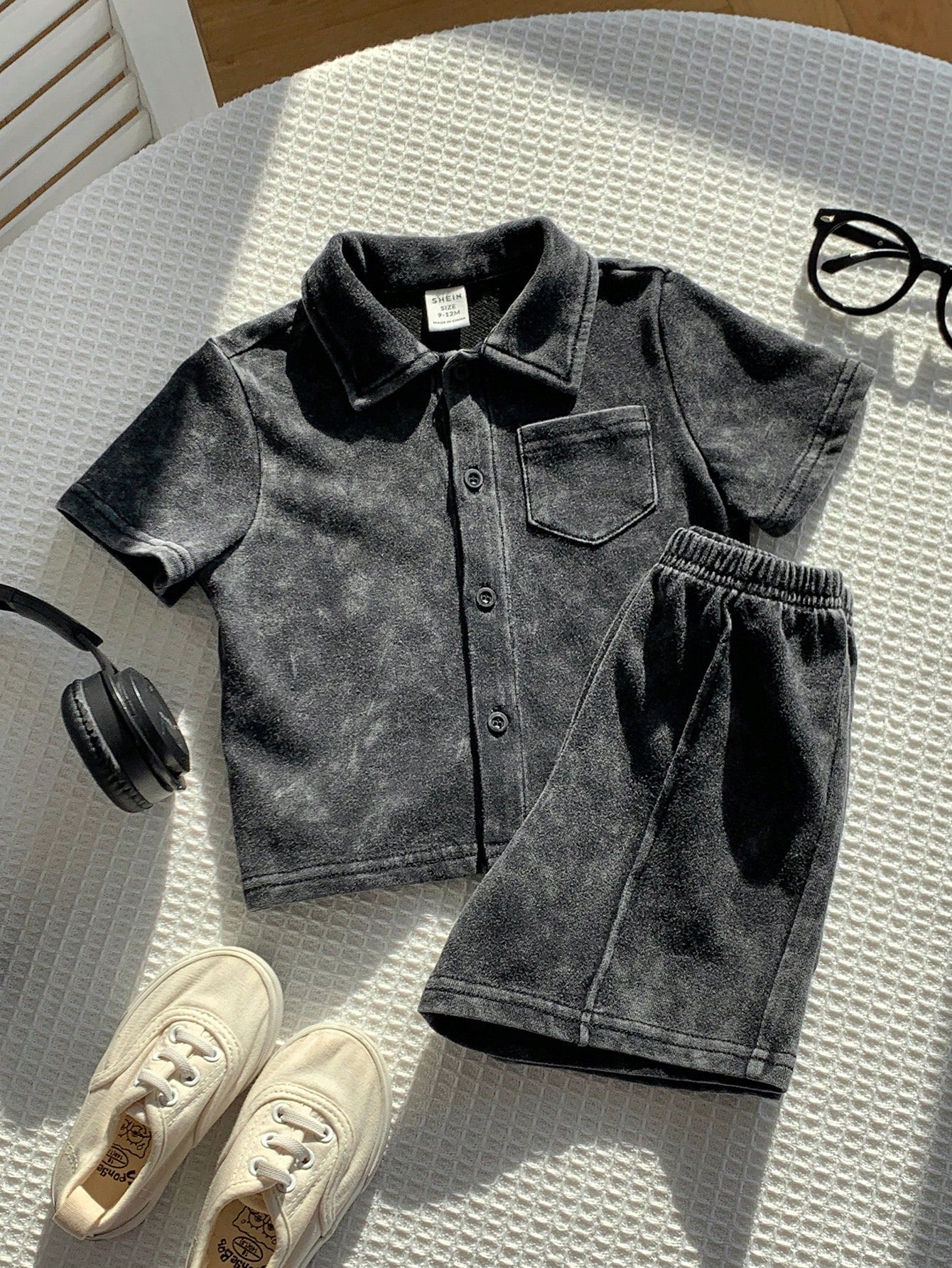 2pcs Boys Washed Collar Shirt & Shorts Set - Graphite
