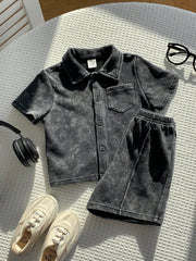 2pcs Boys Washed Collar Shirt & Shorts Set - Graphite