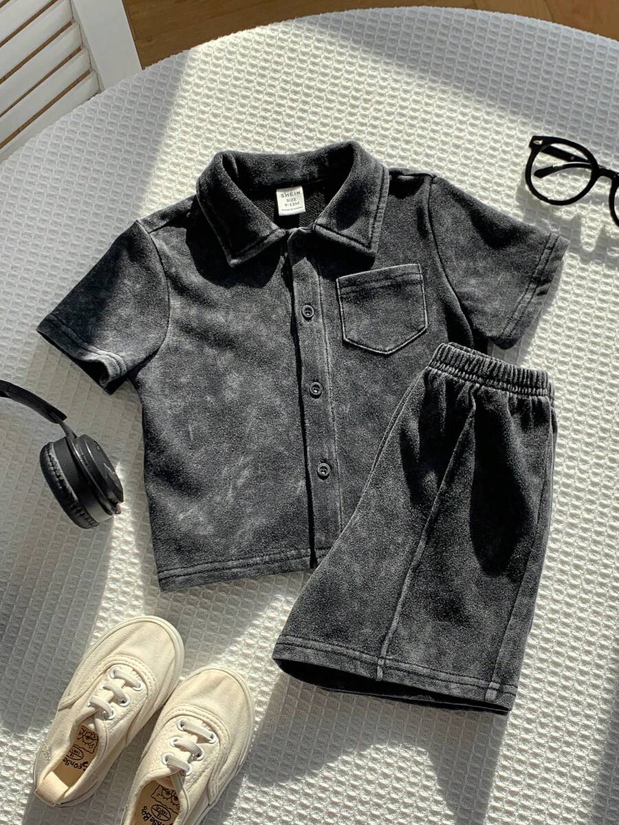 2pcs Boys Washed Collar Shirt & Shorts Set - Graphite