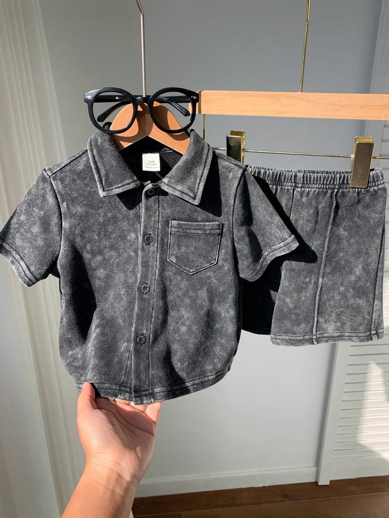 2pcs Boys Washed Collar Shirt & Shorts Set - Graphite