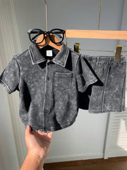 2pcs Boys Washed Collar Shirt & Shorts Set - Graphite