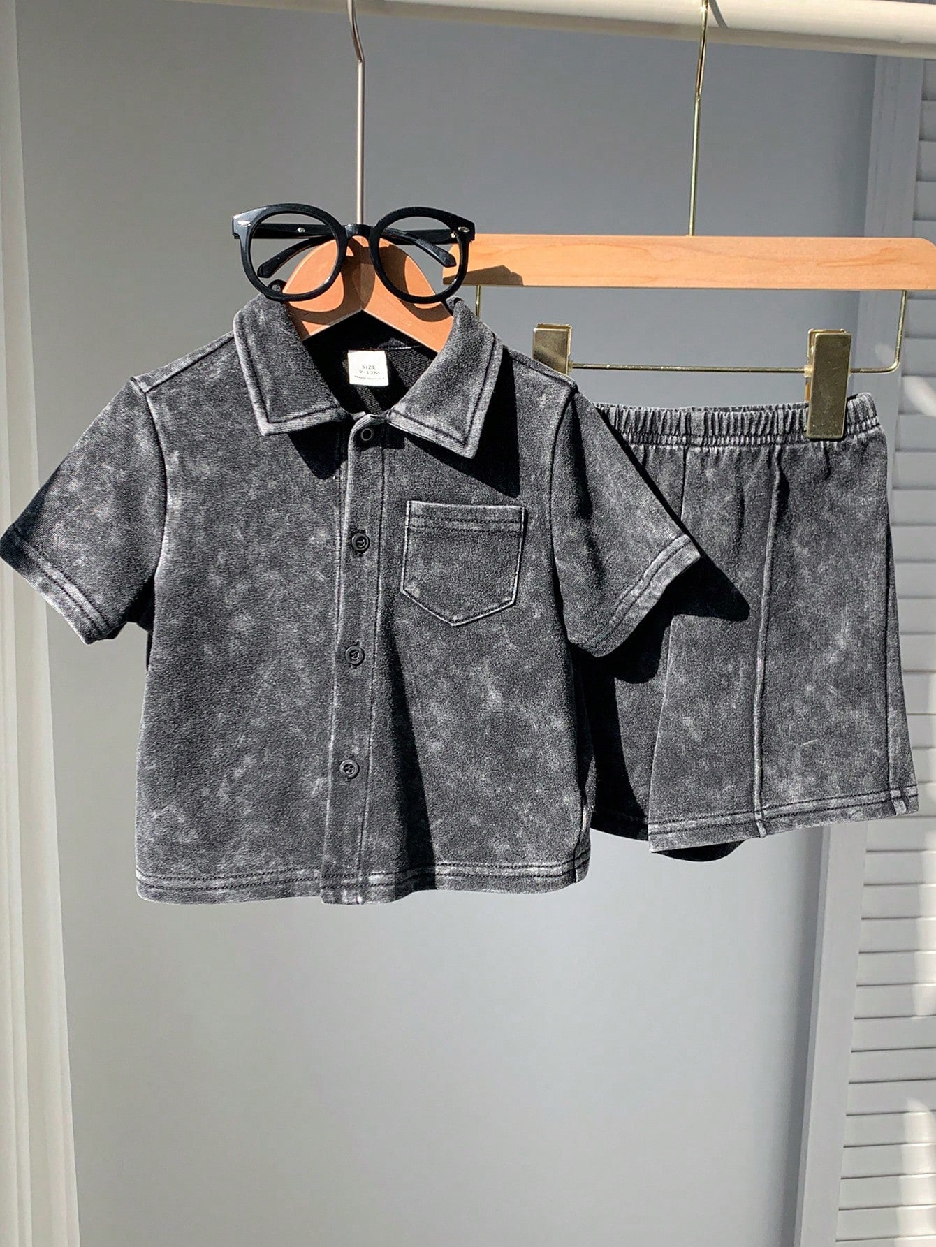 2pcs Boys Washed Collar Shirt & Shorts Set - Graphite