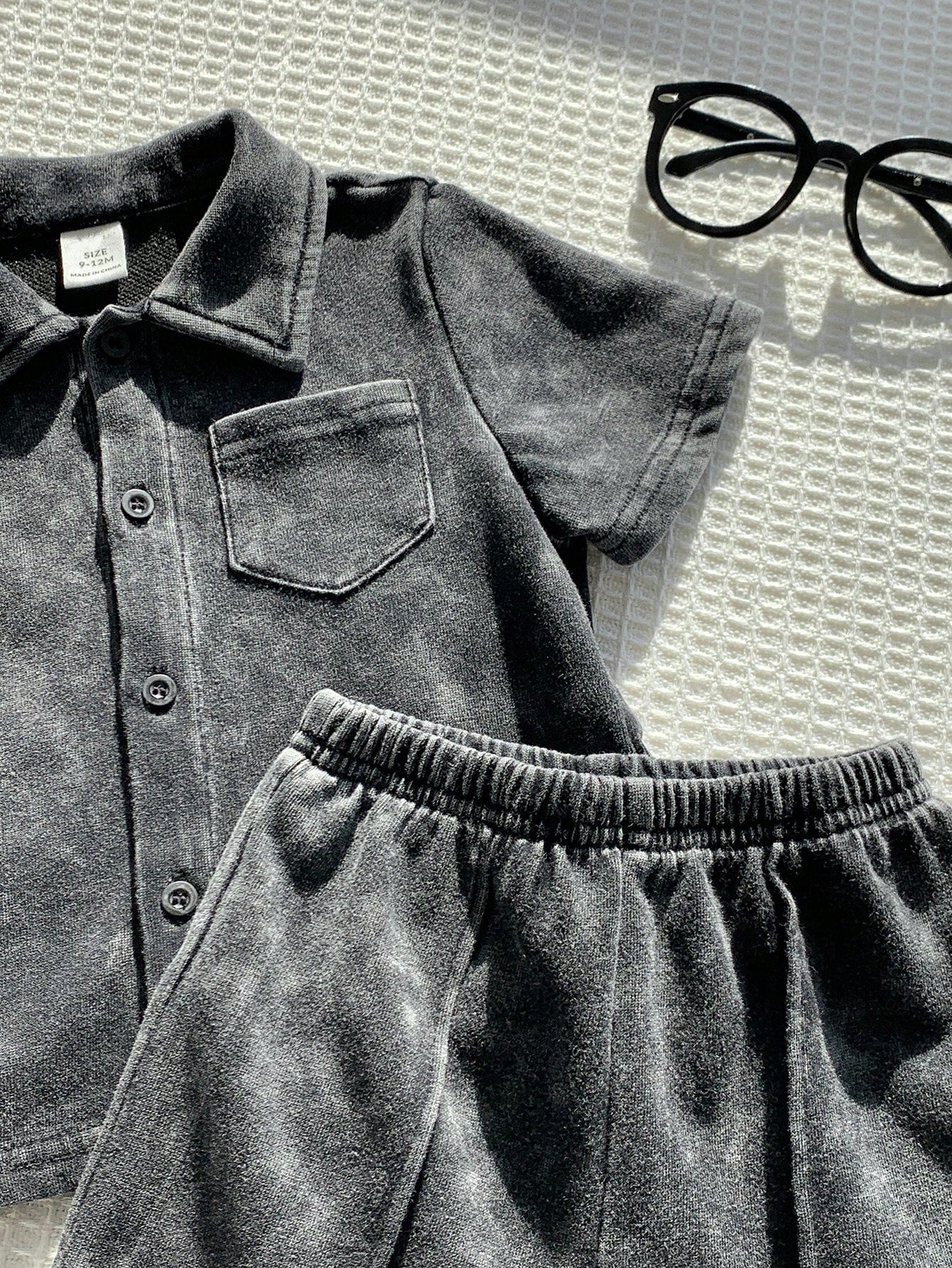 2pcs Boys Washed Collar Shirt & Shorts Set - Graphite