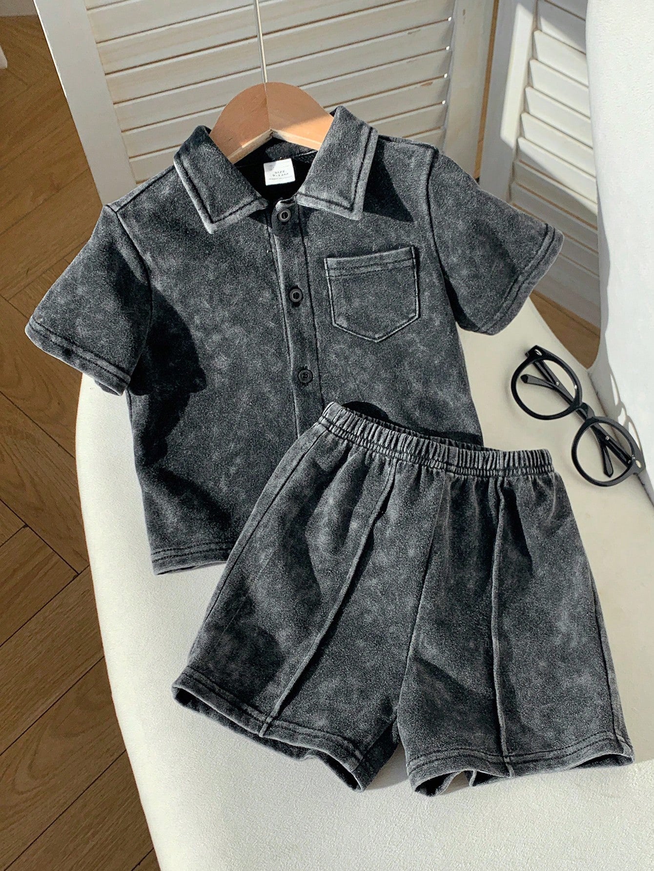 2pcs Boys Washed Collar Shirt & Shorts Set - Graphite