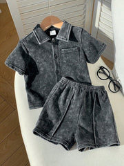 2pcs Boys Washed Collar Shirt & Shorts Set - Graphite