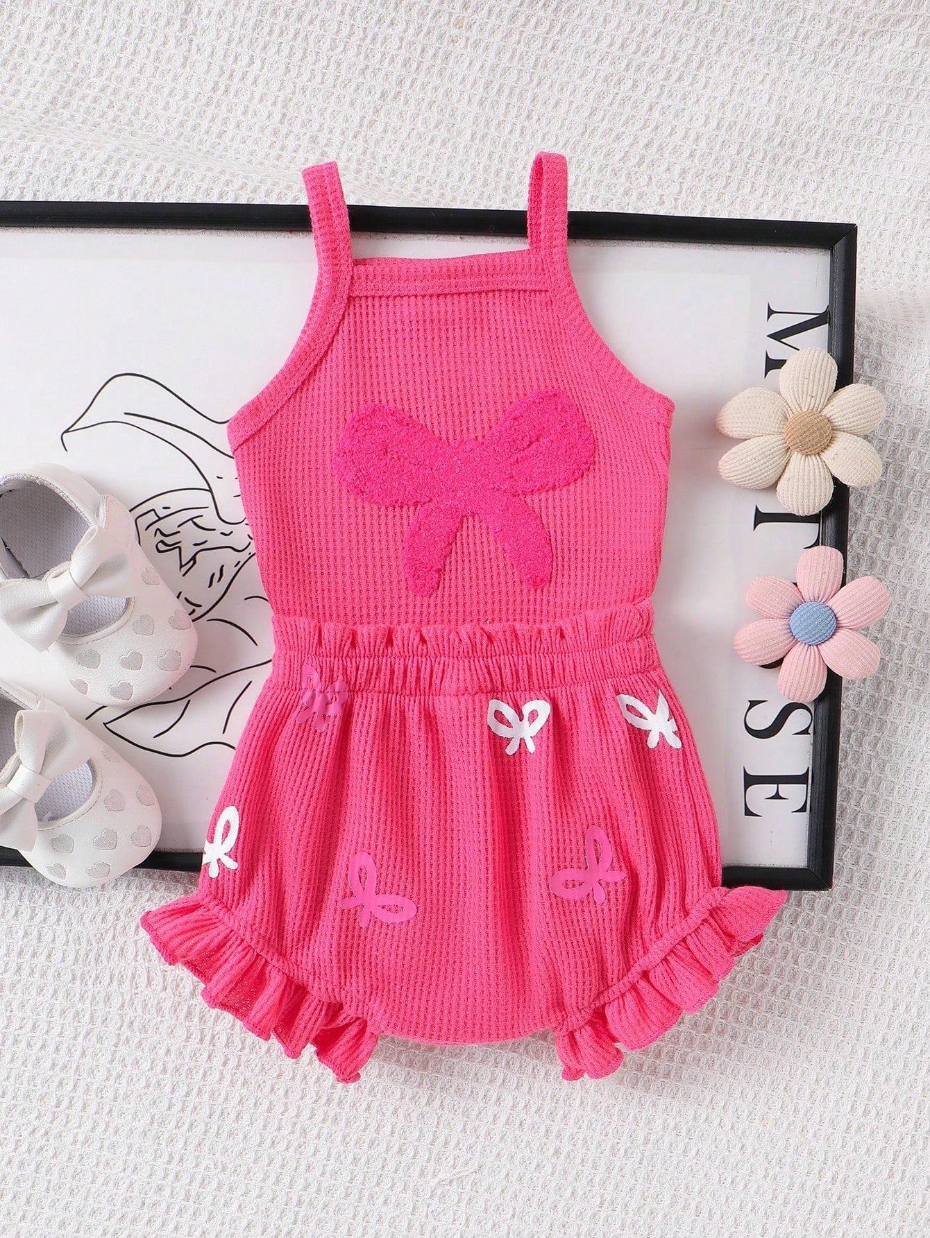 Baby Girls Bow Embroidered Waffle Romper Set - Cerise