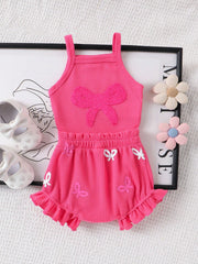 Baby Girls Bow Embroidered Waffle Romper Set - Cerise