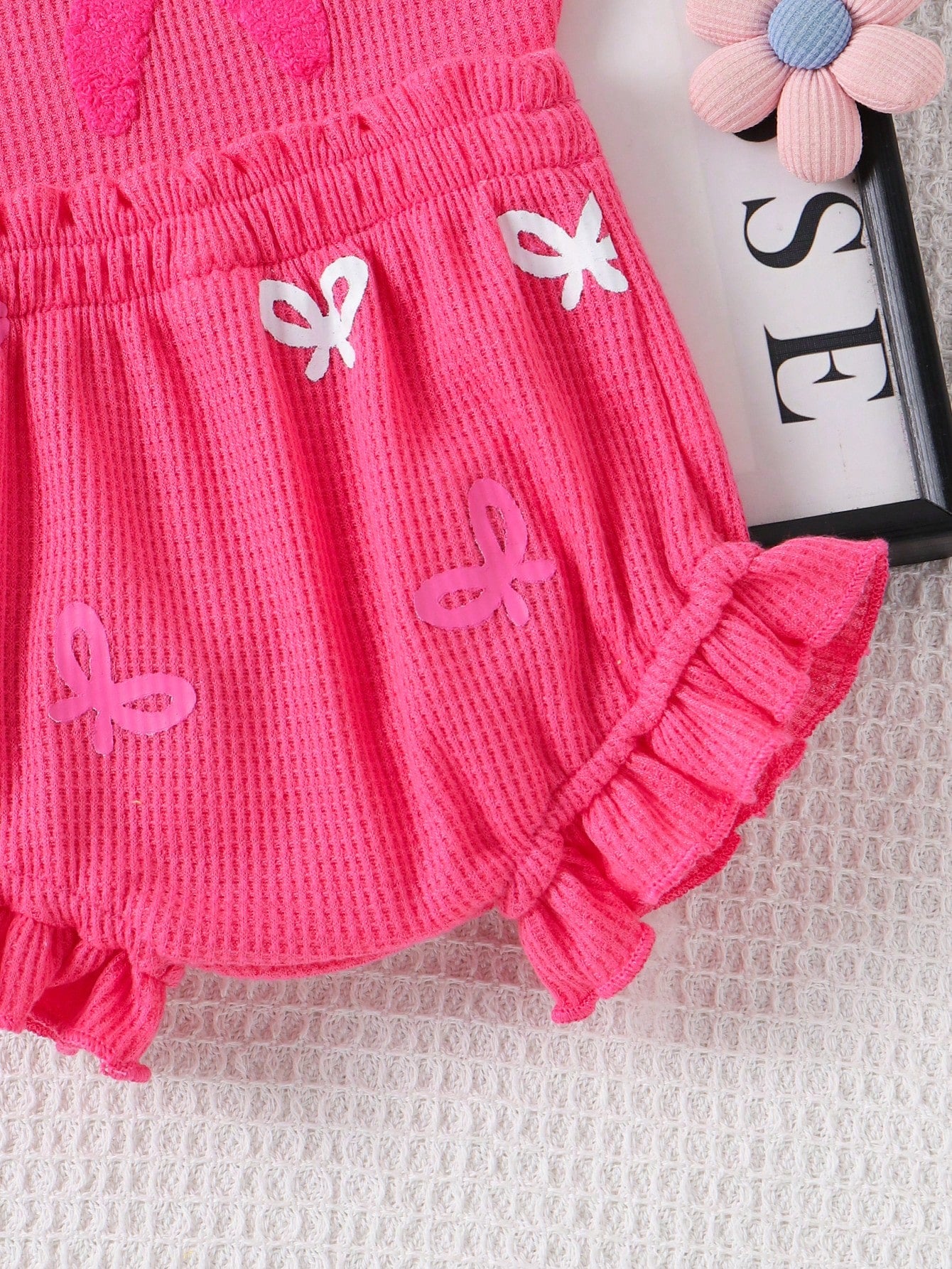 Baby Girls Bow Embroidered Waffle Romper Set - Cerise